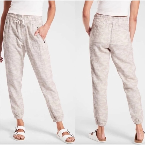 Athleta 100% Linen Cabo Joggers Cream Beige Tan Neutral Camo Size 4 - Picture 1 of 4